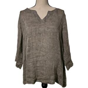 Pure Jill Linen Lagenlook Airy Weave Tunic Top Black/White 3/4 Sleeve M Petite